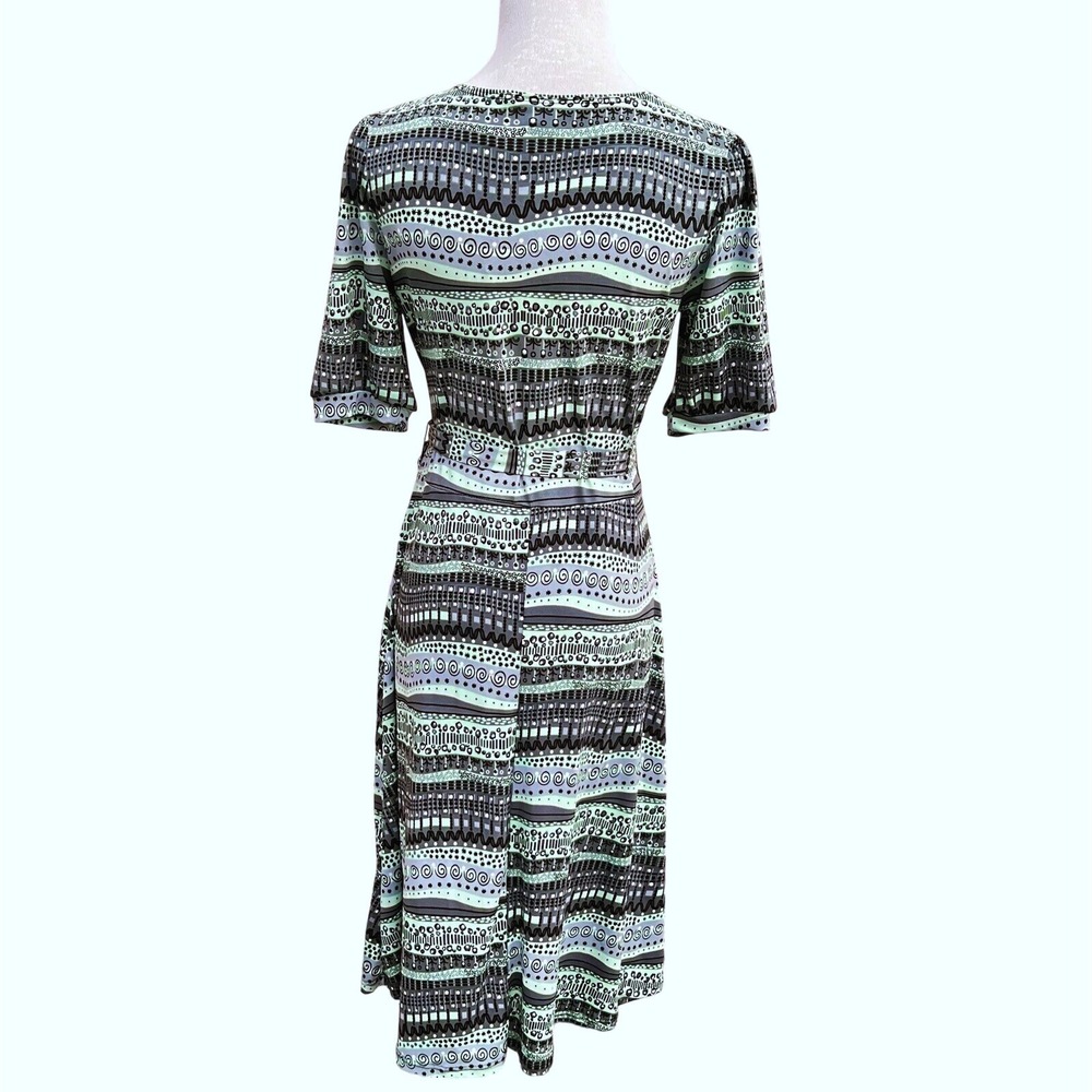 B Moss Vtg Dress Faux Wrap Abstract Stripe Gray Green Stretch Boho Chic Office - Picture 3 of 9
